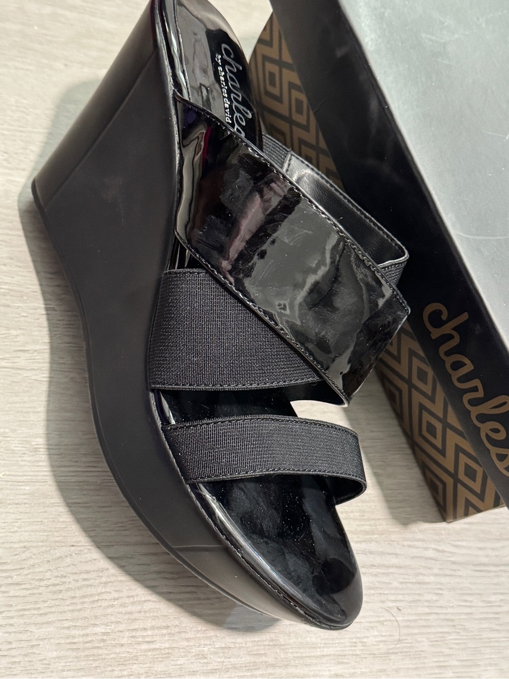 Charles by Charles David Black Patent and Elastic Platform Wedge Sandals